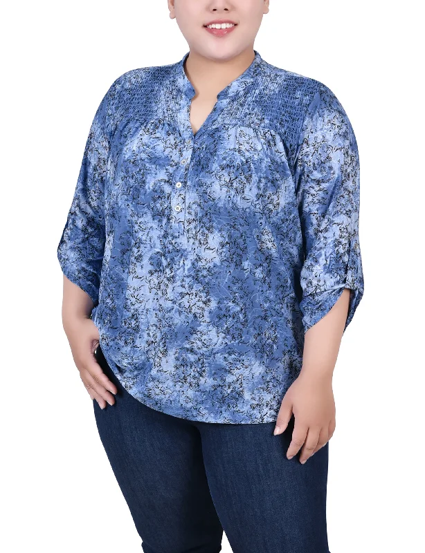 Plus Size 3/4 Roll Tab Sleeve Smocked-Yoke Top