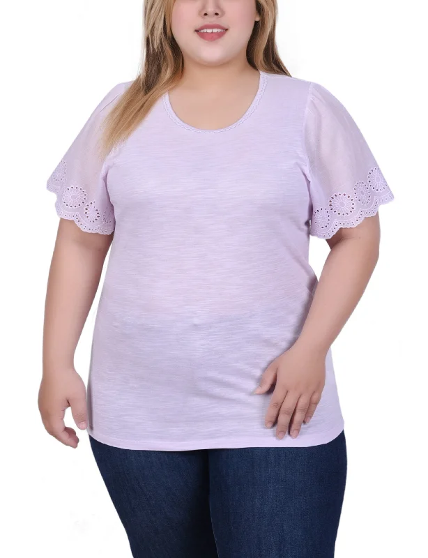 Plus Size Short Flutter Eyelet Sleeve Top