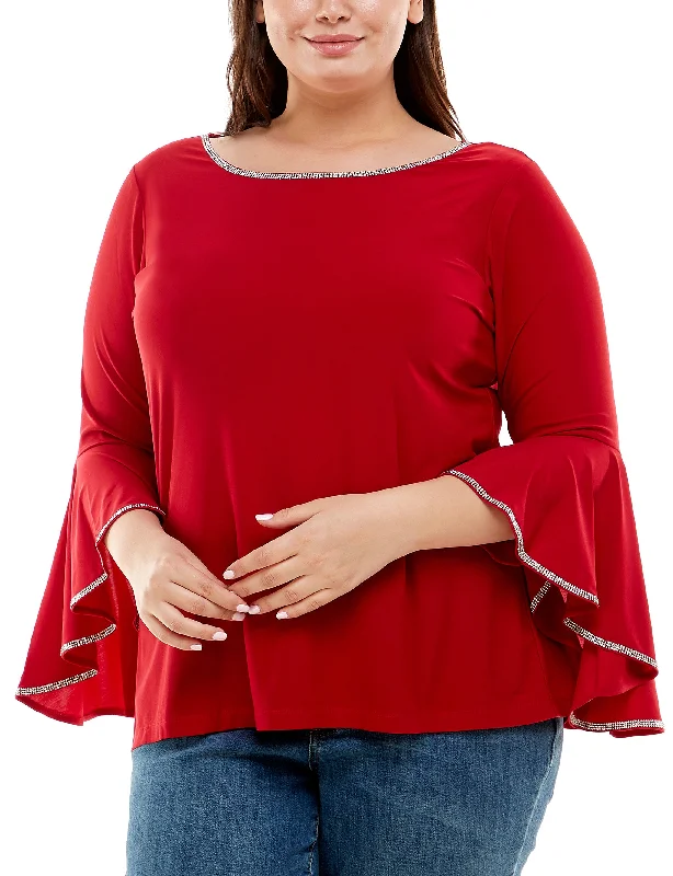 Plus Size Long Bell Sleeve Top With Stone Details